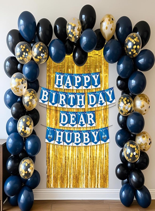 1iAM Happy Birthday Decoration Items For Husband - Pack of 48 | 1pc Blue & White "HAPPY BIRTHDAY DEAR HUBBY" Paper Banner, Golden Foil Curtain & Arch, 45pcs Balloons | Special Love Bday Decor Items - Image 1